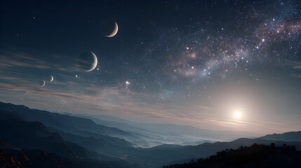 Wall Mural - A scenic view of mountains under a starry sky with multiple moons and a bright light source at horizon