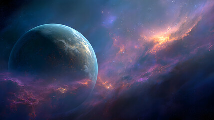 a distant planet viewed amidst colorful nebula clouds in the vast expanse of outer space scene
