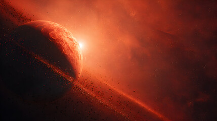 Wall Mural - A vibrant red planet with a ring of debris illuminated by a distant sun in deep space view