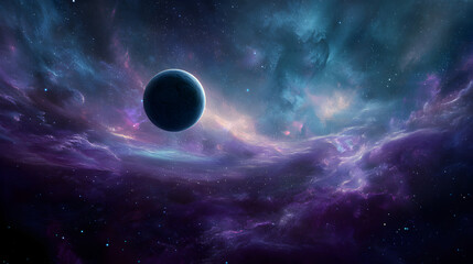 Wall Mural - A dark planet surrounded by a vibrant nebula with purple and blue hues in the vast expanse of space