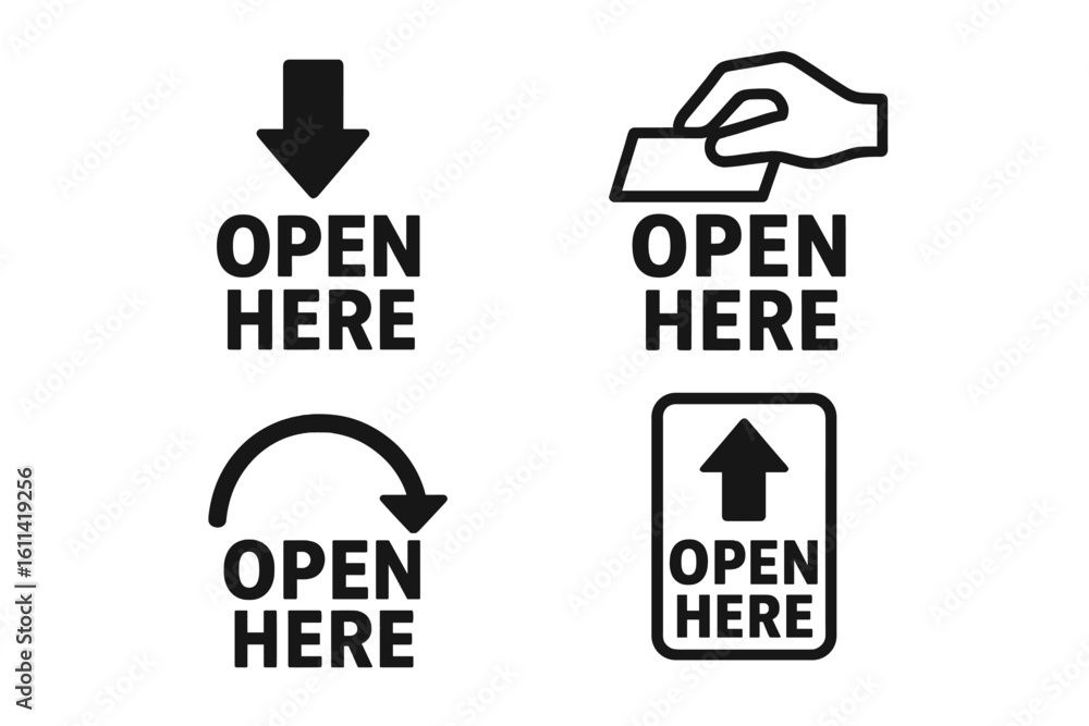 Open Here packaging symbol icon set. Vector signs for product package ...