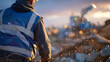 © Maksym - Dusty worksite where particles hover in the air, worker in reflective vest and mask surveys the area cautiously, soft backlight highlighting suspended particles