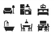 © Oliver - Solid filled home interior room icon set: living room sofa lamp, kitchen fridge stove, bedroom bed, bathroom bathtub shower, dining table, home office computer, vector silhouettes.
