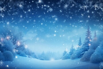 Wall Mural - Snow falling on magical winter wonderland forest at night with snowy trees and blue sky