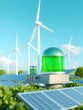 © Robin - Green hydrogen production through electrolysis with renewable energy. Windmills and solar panels. Realistic 3D render.