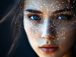 Wall Mural - A young woman's face with cosmic stars and patterns superimposed on it, creating a dreamy and celestial effect.