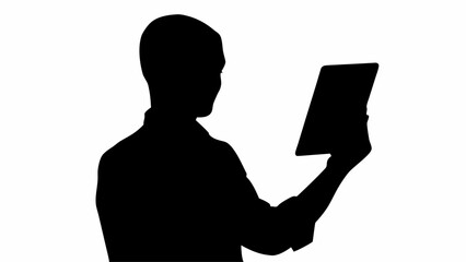 Silhouette of a person holding a tablet in their hand against a white background in a studio shot