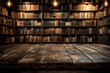 © Nice Seven - A rustic wooden table in focus with a warm-lit, blurred background of a large, cozy library filled with bookshelves and books.