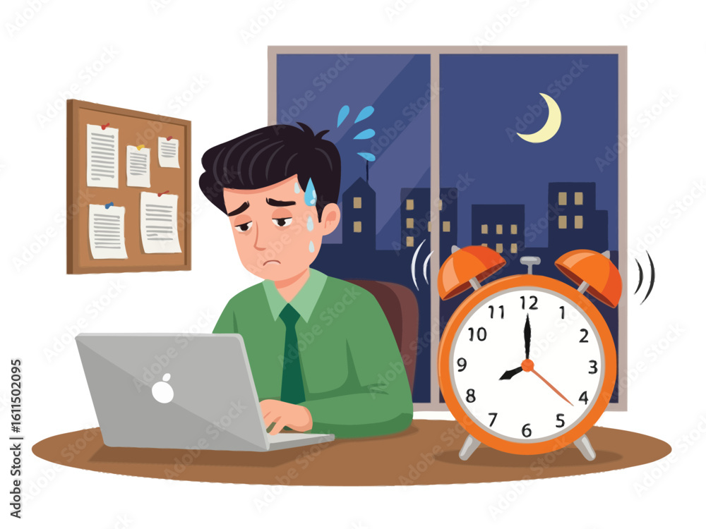 A stressed businessman works overtime late into the night on his laptop ...