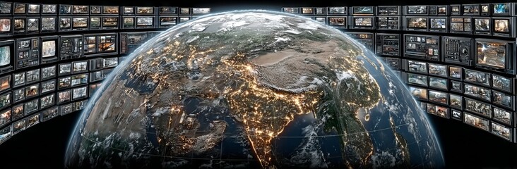 Wall Mural - a large screen with many images of people and a globe