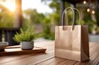 © Sana - Natural Recycled Paper Shopping Bag on Rustic Table in Warm Sunlight – Cozy 3D Lifestyle Render