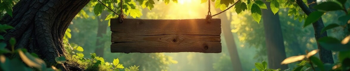 Wall Mural - A majestic forest scene, sunlight dappling through leaves onto a rustic wooden banner hanging from a tree branch Perfect for nature, fantasy, and adventure themes , fairytale, woods, ecology