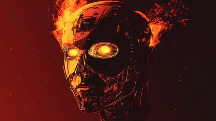 Wall Mural - fiery robotic head, glowing eyes, digital art.