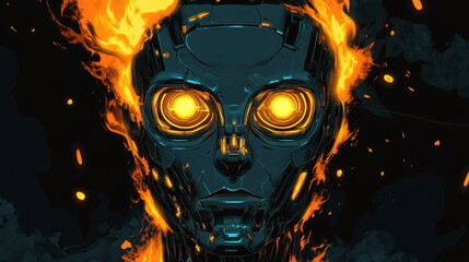 Wall Mural - flaming robotic head with glowing eyes, dark background.