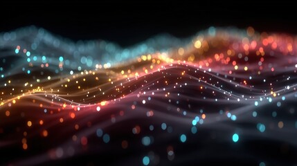 Wall Mural - abstract digital waves made of colorful glowing particles in red, blue, and orange hues create a dyn