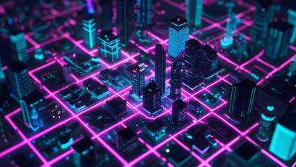 Wall Mural - Aerial view of a futuristic city grid with glowing pink lines and illuminated blue skyscrapers, creating a vibrant and technological landscape.