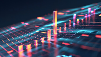 Wall Mural - Abstract digital representation of a rising bar graph on a grid, glowing with orange and blue hues, suggesting growth and technological advancement.