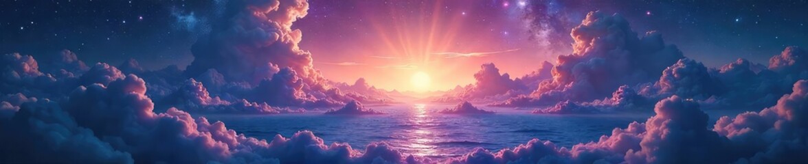 Wall Mural - A breathtaking vista of a celestial ocean, shimmering with ethereal light and swirling nebulae  Infinite expanse of cosmic wonder, a tranquil and serene dreamscape ,  surreal,  stardust