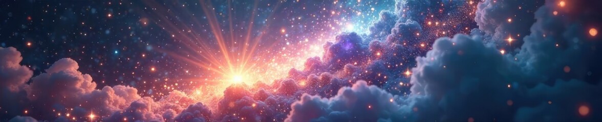 Wall Mural - a celestial being, radiating shimmering light and cosmic sparkles, embodies divine energy and ethere