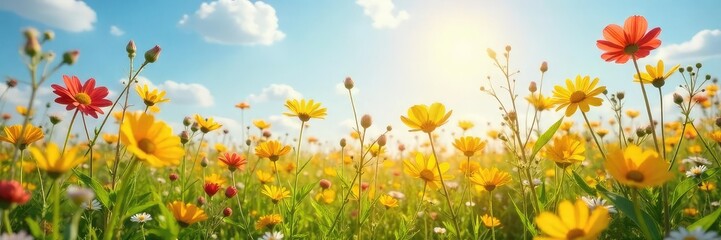Wall Mural - A cheerful, sun-drenched field of wildflowers swaying gently in the breeze, brimming with the promise of summer and joyful possibilities , idyllic, countryside, jolly