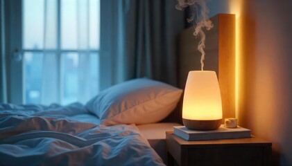 Wall Mural - A serene bedroom scene featuring a softly lit bedside table with a book and a calming aroma diffuser, promoting relaxation and peaceful sleep , quiet, interior, lighting