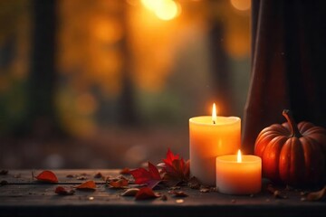 Wall Mural - Cozy autumn evening scene featuring flickering candlelight radiating warmth and a soft glow Perfect for home, comfort, relaxation, and hygge themes , wax, peaceful