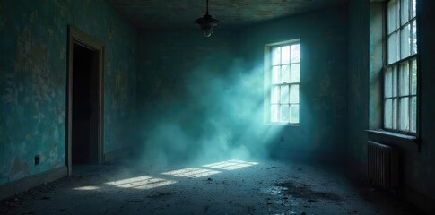 Wall Mural - Ethereal mist hangs heavy in a dimly lit, abandoned room, creating a serene and ghostly atmosphere A sense of peace pervades the spectral stillness , desolate, apparition