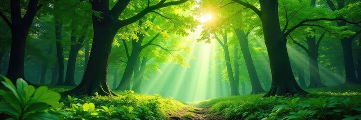 Wall Mural - Lush green forest canopy, dappled sunlight filtering through leaves, creating a magical, serene atmosphere Perfect for nature, travel, and environmental themes , undergrowth, vegetation
