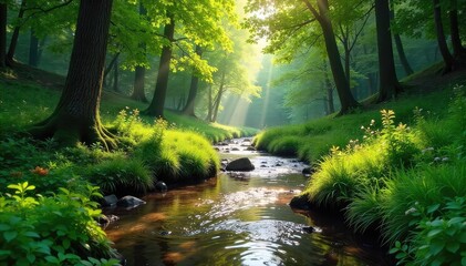 Sticker - Serene woodland scene featuring a babbling brook meandering through lush greenery, sunlight dappling the leaves Ideal for nature, tranquility, and peaceful themes , summer, woodland