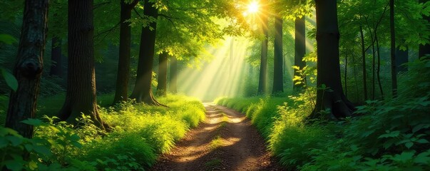 Sticker - Sun-dappled path winds through a lush, green forest, sunlight filtering through leaves, creating a magical atmosphere Perfect for nature, travel, and adventure themes , path, magical