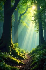 Wall Mural - Sunlight dapples through the canopy of a lush, ancient forest, illuminating a mossy forest floor  Discover the serene beauty and untamed wilderness of nature's masterpiece , forest,  quiet