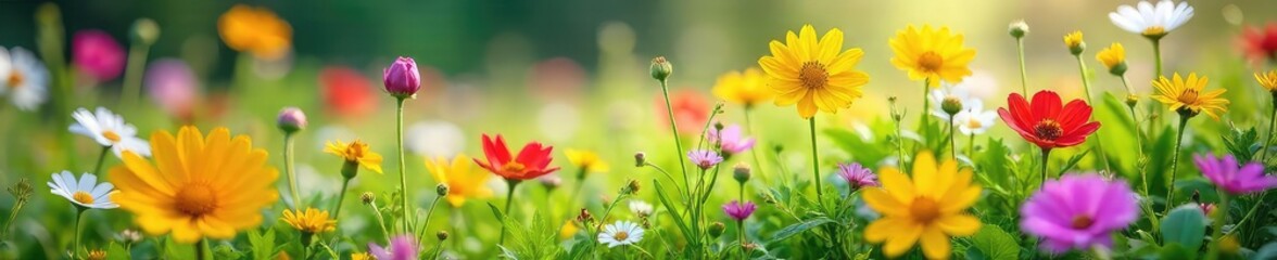Wall Mural - Vibrant close-up of a lush, flowering meadow bursting with wildflowers and diverse foliage  Perfect for nature, botany, and environmental projects ,  bloom,  texture
