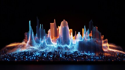 Wall Mural - abstract cityscape skyline rendered in glowing blue and orange particles on black background.