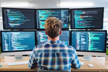 there is a back shot of a coder sitting in an office cubicle with series of monitors