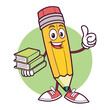 © Design home sara - Joyful yellow pencil mascot is giving thumbs up while holding books on transparent background