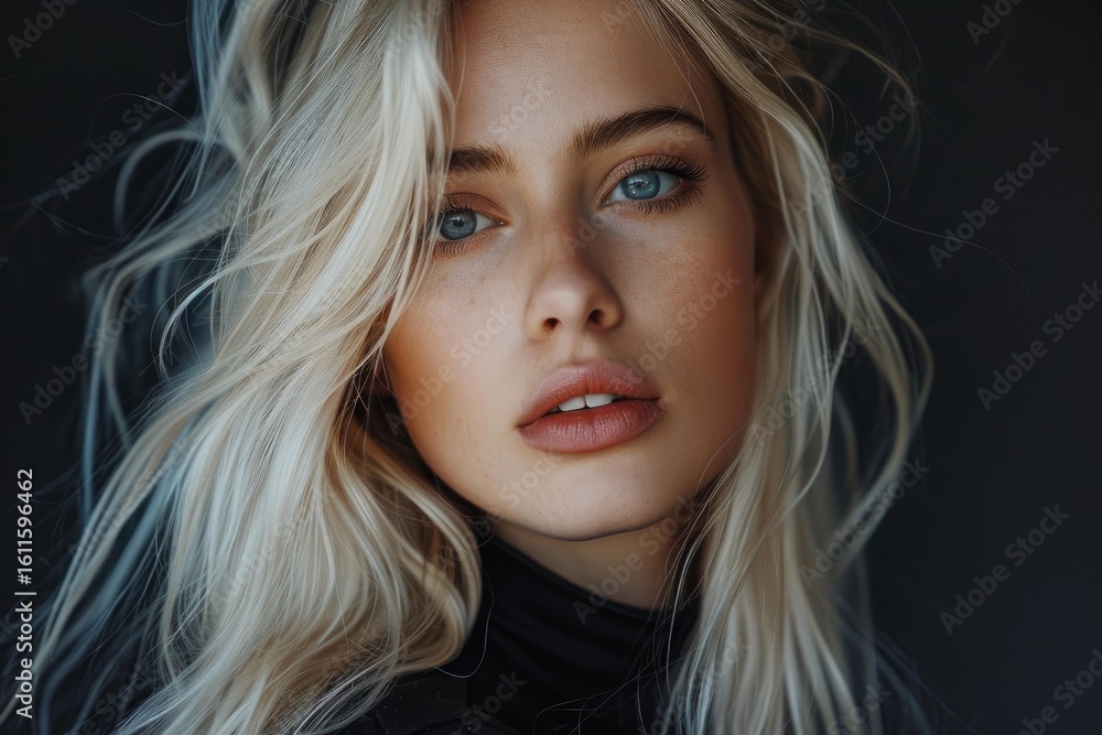 Studio portrait of beautiful young blonde woman with blue eyes and long ...