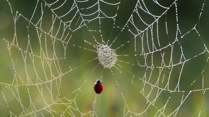 A vibrant red ladybug carefully crawls across a delicate spider web covered in glistening morning dew drops