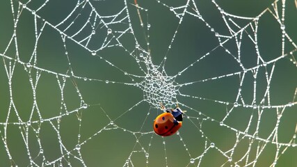 A red ladybug trapped and struggling on a delicate spider web covered in sparkling morning dew drops