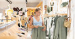 © JackF - Girl customer chooses green trousers in store, and buyer carefully examines product. Megamall, branded clothing store, franchise. Woman of fashion near showcase chooses summer clothes, examines goods.