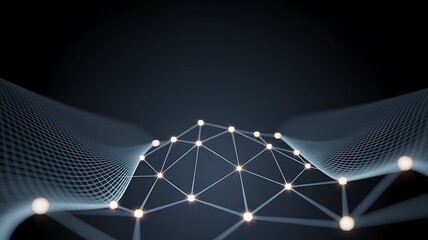 Futuristic technology concept with a glowing digital grid. Abstract plexus of interconnected nodes representing data communication and networking.