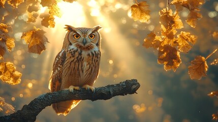 Wall Mural - wise owl perched on a branch bathed in mystical golden light