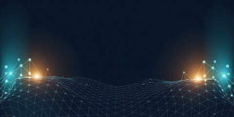 Digital technology concept with interconnected golden spheres forming a grid into a light horizon.
