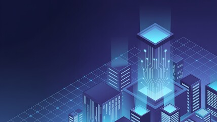 Futuristic smart city concept with glowing central processor and network infrastructure.