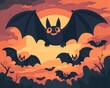 © Svitlana - Cartoon bats flying cheerfully across a colorful night sky. A bright flat design for a happy Halloween background.