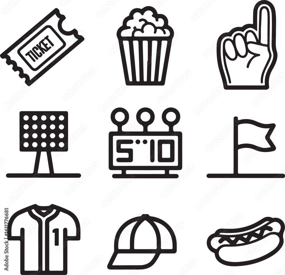 Baseball Fan & Stadium Icon Pack Ticket, Popcorn, Foam Finger, Stadium ...