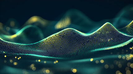Wall Mural - Abstract digital wave, vibrant turquoise and gold particles, creating a dynamic, flowing, wavy landscape effect.  A network of glowing points creates the texture and form, against a dark background