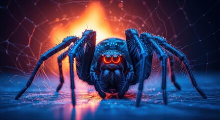 Giant arachnid creature with glowing red eyes and intricate web patterns in a dark, futuristic environment
