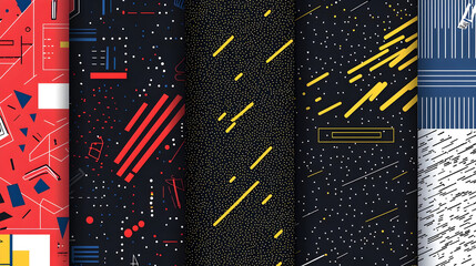 Wall Mural - Abstract pattern collection featuring vibrant geometric and graphic designs, including various shapes, lines, and dots.  Dark and light color palettes with bold accents