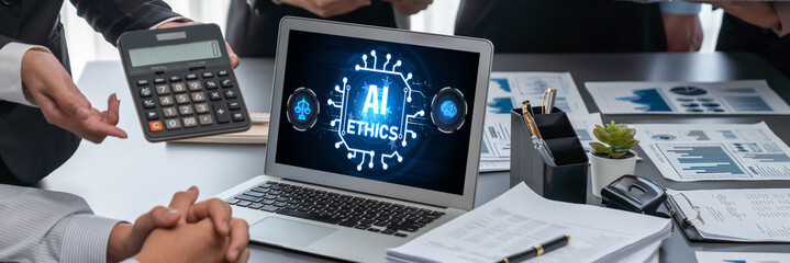 AI ethics responsibility standard law and rules on computer screen provide report of AI ethic transparency preventing technology crime. brisk