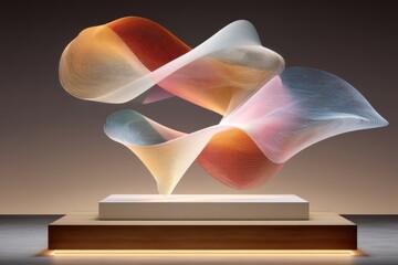 Wall Mural - Abstract glowing ribbon sculpture with colorful flowing forms on modern pedestal